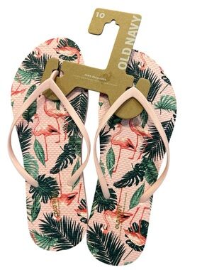 Old Navy Pink Flamingo Print Flip Flops with Green Leaf Accents